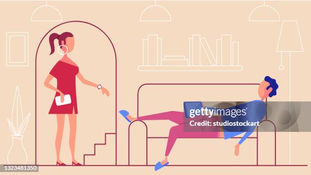 lazy man and stylish woman - messy living room stock illustrations