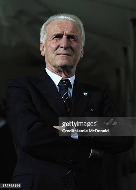 Republic of Ireland manager Giovanni Trapattoni looks on during the Estonia and Republic of Ireland, EURO 2012 qualifier, play off first leg at the A...