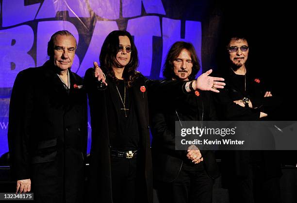 Musicians Bill Ward, Ozzy Osbourne, Geezer Butler and Tony Iommi of Black Sabbath appear at a press conference to announce their first new album in...