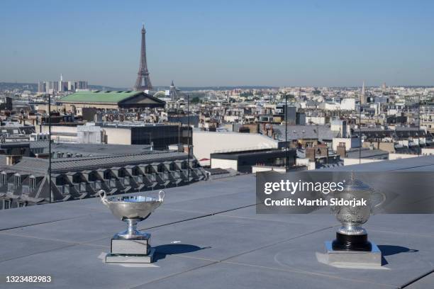 General view of the Suzanne Lenglen Cup and Women's Doubles trophy rooftop of les Galeries Lafayettes Rue de la Chaussee d'Antin during a photocall...