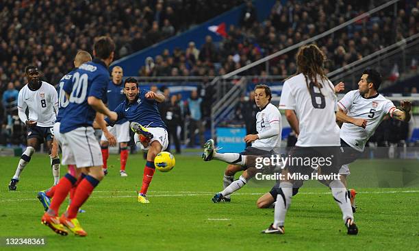 Adil Rami of France shoots just wide during the International Friendly between France and USA at Stade de France on November 11, 2011 in Paris,...