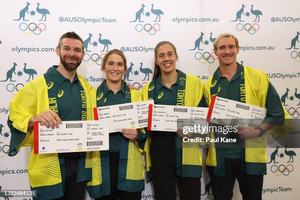 Trent Mitton, Penny Squibb, Karri Somerville and Aran Zalewski pose with their boarding passes and kimonos during the media opportunity for the...