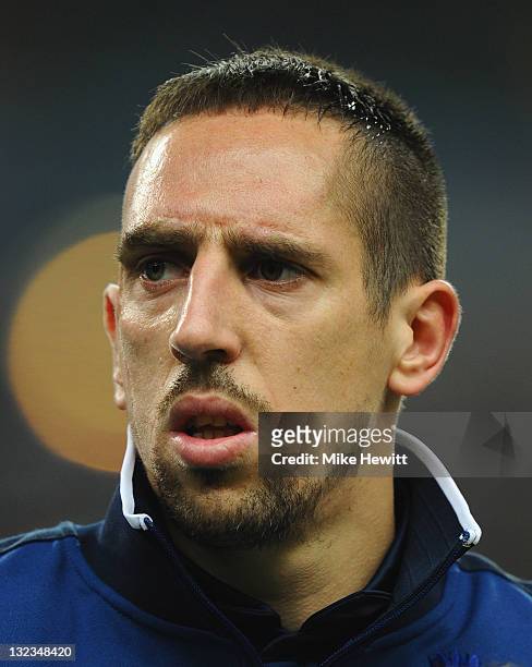 Franck Ribery of France lines up for the National Anthems prior to the International Friendly between France and USA at Stade de France on November...