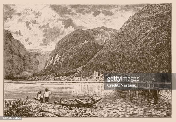 hallstatt on the lake in austria - hallstatt stock illustrations