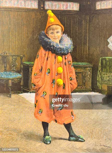 anticipation on the carnival: boy in a red costume with hat, color illustration - vintage halloween stock illustrations