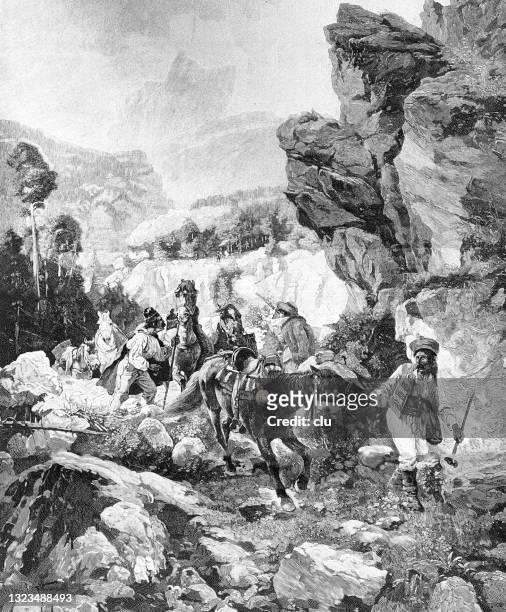 wallachian smugglers in the mountains - smuggling stock illustrations