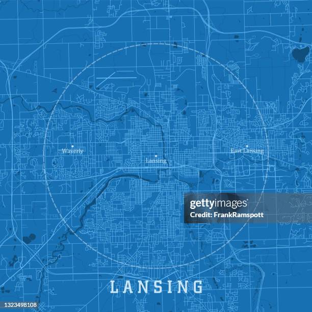 ilustrações, clipart, desenhos animados e ícones de lansing mi city vector road map blue text - lansing