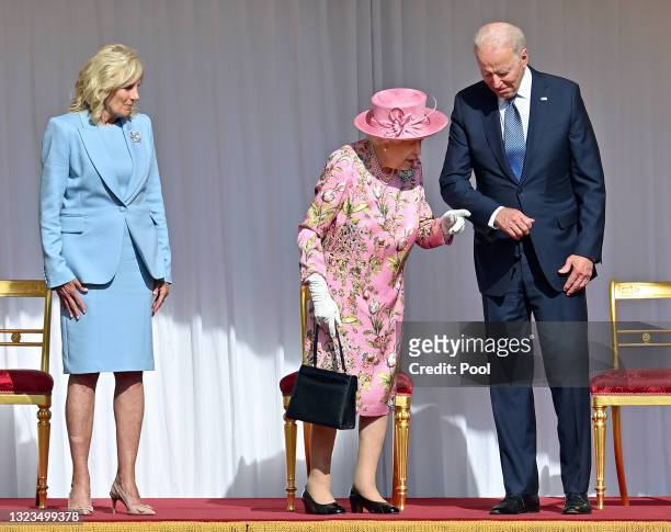 First Lady Dr Jill Biden, Queen Elizabeth II and U.S. President Joe Biden attend the president's ceremonial welcome at Windsor Castle on June 13,...