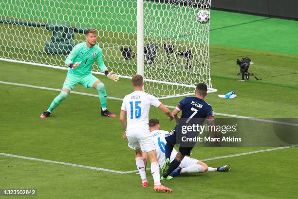 John McGinn of Scotland shoots during the UEFA Euro 2020 Championship Group D match between Scotland v Czech Republic at Hampden Park on June 14,...