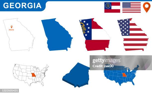 bildbanksillustrationer, clip art samt tecknat material och ikoner med usa state of georgia's map and flag. - huvudstäder