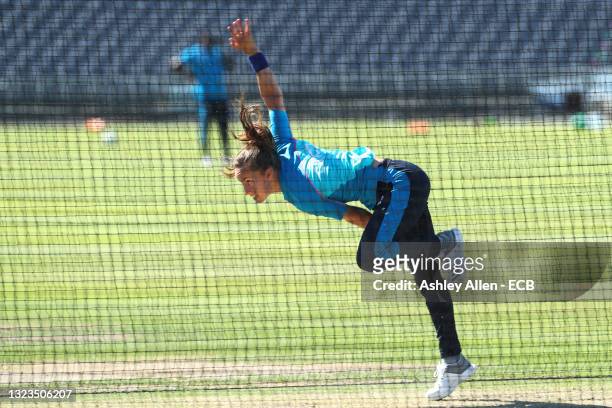 Tash Farrant of England Women's team bowls during an England training session at Bristol County Ground on June 14, 2021 in Bristol, England.