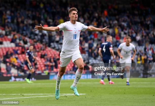 Patrik Schick of Czech Republic celebrates after scoring their side's first goal during the UEFA Euro 2020 Championship Group D match between...