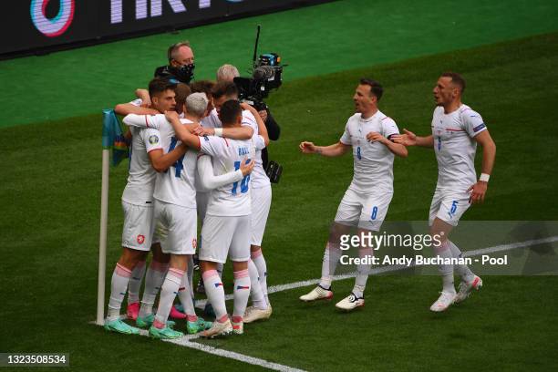 Patrik Schick of Czech Republic celebrates with team mates after scoring their side's first goal during the UEFA Euro 2020 Championship Group D match...