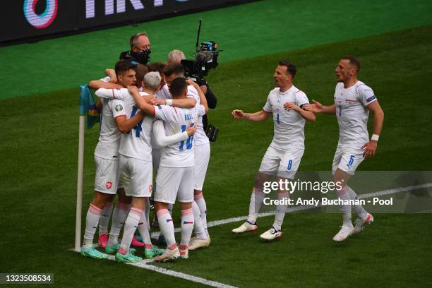 Patrik Schick of Czech Republic celebrates with team mates after scoring their side's first goal during the UEFA Euro 2020 Championship Group D match...