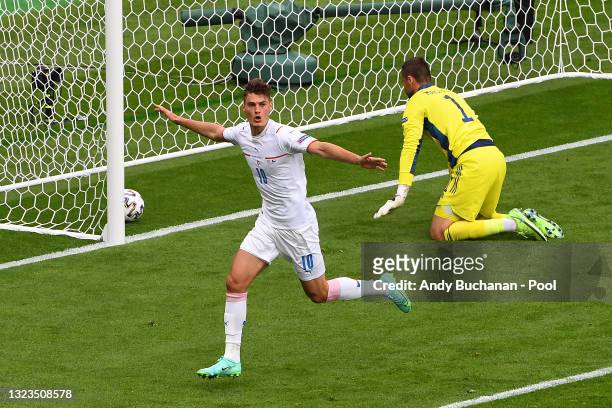 Patrik Schick of Czech Republic celebrates after scoring their side's first goal as David Marshall of Scotland looks dejected during the UEFA Euro...