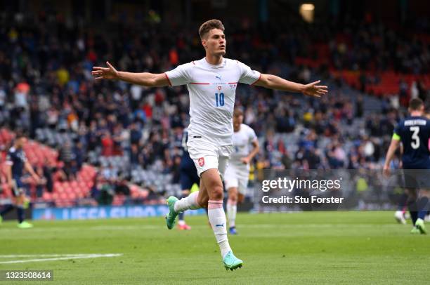 Patrik Schick of Czech Republic celebrates after scoring their side's first goal during the UEFA Euro 2020 Championship Group D match between...