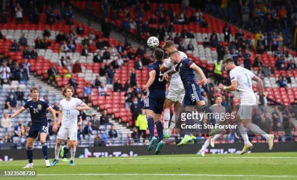 Patrik Schick of Czech Republic scores their side's first goal whilst under pressure from Liam Cooper of Scotland during the UEFA Euro 2020...