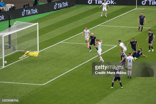 Patrik Schick of Czech Republic scores his team's first goal past David Marshall of Scotland during the UEFA Euro 2020 Championship Group D match...