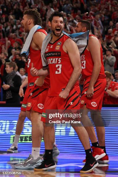 Kevin White of the Wildcats celebrates a basket during game three of the NBL Semi-Final Series between the Perth Wildcats and the Illawarra Hawks at...