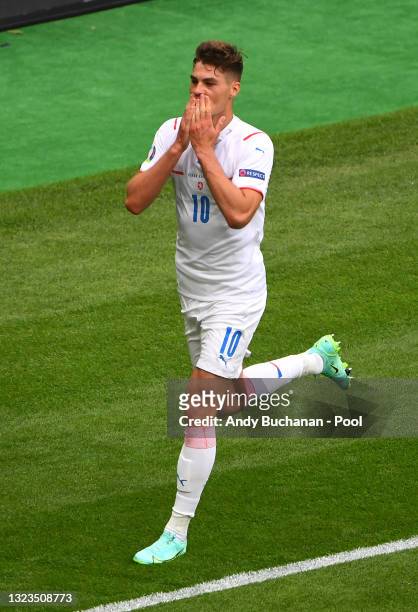 Patrik Schick of Czech Republic celebrates after scoring their side's first goal during the UEFA Euro 2020 Championship Group D match between...