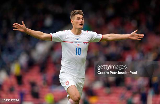 Patrik Schick of Czech Republic celebrates after scoring their side's second goal during the UEFA Euro 2020 Championship Group D match between...