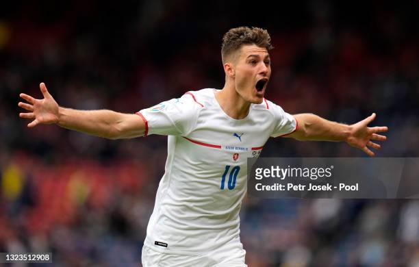 Patrik Schick of Czech Republic celebrates after scoring their side's second goal during the UEFA Euro 2020 Championship Group D match between...