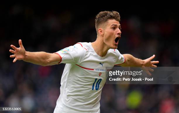 Patrik Schick of Czech Republic celebrates after scoring their side's second goal during the UEFA Euro 2020 Championship Group D match between...