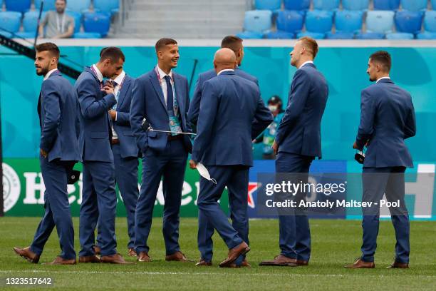 Players of Slovakia inspect the pitch prior to the UEFA Euro 2020 Championship Group E match between Poland and Slovakia at the Saint Petersburg...