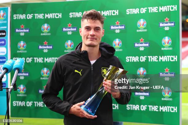 Patrik Schick of Czech Republic poses for a photograph with their Heineken "Star of the Match" award after the UEFA Euro 2020 Championship Group D...
