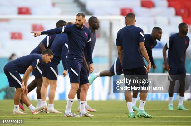 Karim Benzema of France reacts during the France Training Session ahead of the UEFA Euro 2020 Group match between France and Germany at Fussball...