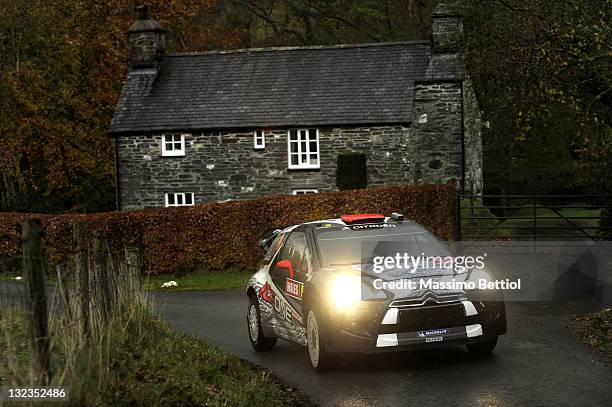 Kimi Raikkonen of Finland and Kaj Lindstrom of Finland compete in their Ice1 Racing WRT Citroen DS3 WRC during Day 1 of the WRC Wales Rally GB on...