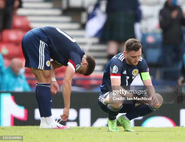 Andy Robertson looks dejected at full time during the UEFA Euro 2020 Championship Group D match between Scotland v Czech Republic on June 14, 2021 in...