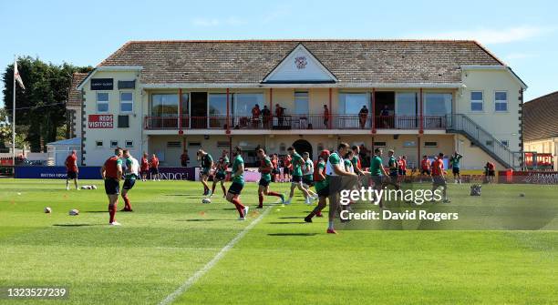 The Lions warm up during the British and Irish Lions training session held at Stade Santander International stadium on June 14, 2021 in Saint...