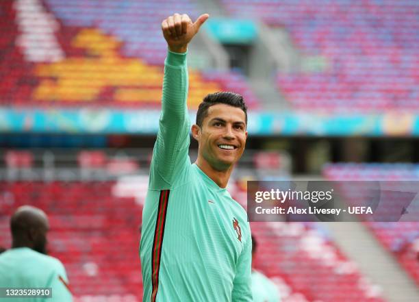 Cristiano Ronaldo of Portugal gestures during the Portugal Training Session ahead of the UEFA Euro 2020 Group F match between Hungary and Portugal at...