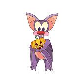 Lovely cartoon bat hugging a carved pumpkin named Jack O Lantern on white isolated background, bat and Jack O Lantern in Cartoon style, concept of Halloween and Festivals, Animals and Pets.