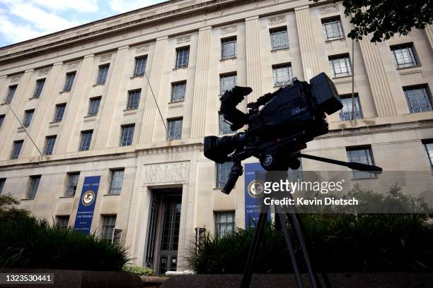 Television camera is set up outside the U.S. Department of Justice is seen on June 14, 2021 in Washington, DC. U.S. Attorney General is expected to...