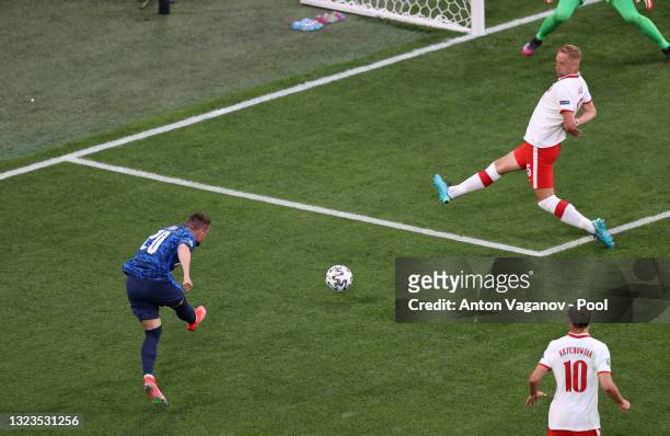 Robert Mak of Slovakia scores their side's first goal during the UEFA Euro 2020 Championship Group E match between Poland and Slovakia at the Saint...