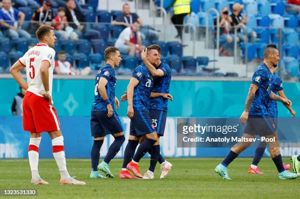 Robert Mak of Slovakia celebrates with Jakub Hromada after scoring their side's first goal during the UEFA Euro 2020 Championship Group E match...