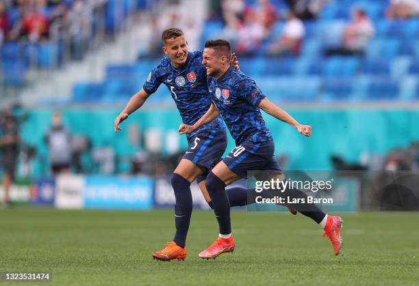 Robert Mak of Slovakia celebrates their side's first goal, an own goal by Wojciech Szczesny of Poland during the UEFA Euro 2020 Championship Group E...