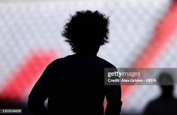 Silhouette of Leroy Sane of Germany is seen during the Germany Training Session ahead of the Euro 2020 Group F match between France and Germany at...