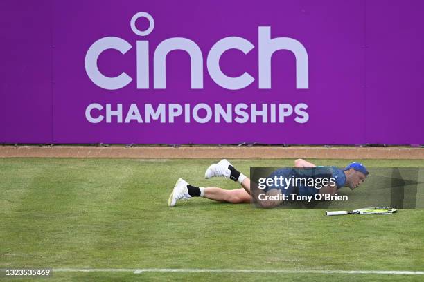 Illya Marchenko of Ukraine reacts after slipping in his First Round match against Feliciano Lopez of Spain during Day 1 of the cinch Championships at...