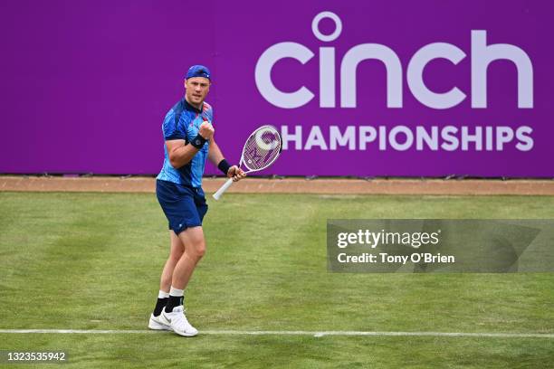 Illya Marchenko of Ukraine celebrates in his First Round match against Feliciano Lopez of Spain during Day 1 of the cinch Championships at The...