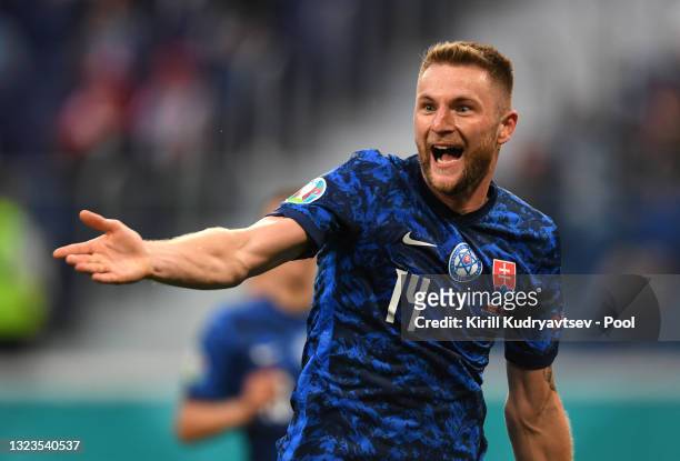 Milan Skriniar of Slovakia celebrates after scoring their side's second goal during the UEFA Euro 2020 Championship Group E match between Poland and...