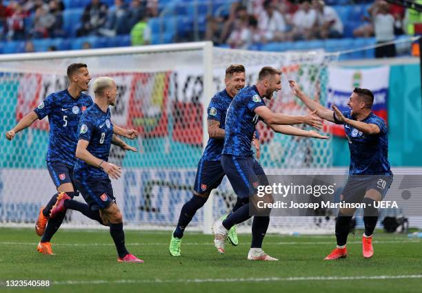 Milan Skriniar of Slovakia celebrates with Robert Mak after scoring their side's second goal during the UEFA Euro 2020 Championship Group E match...