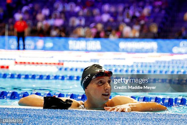 Katie Ledecky of the United States exits the pool following the Women's 400m Freestyle heats during Day Two of the 2021 U.S. Olympic Team Swimming...