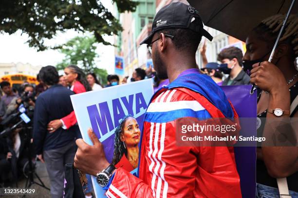 Supporter watch as New York City Mayoral candidate Maya Wiley speaks during a small press conference after voting early at Erasmus Hall High School...
