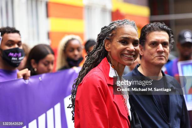 New York City Mayoral candidate Maya Wiley speaks during a small press conference after voting early at Erasmus Hall High School on June 14, 2021 in...