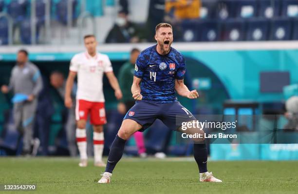 Milan Skriniar of Slovakia celebrates after victory in the UEFA Euro 2020 Championship Group E match between Poland and Slovakia at the Saint...