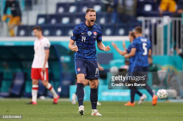 Milan Skriniar of Slovakia celebrates after victory in the UEFA Euro 2020 Championship Group E match between Poland and Slovakia at the Saint...