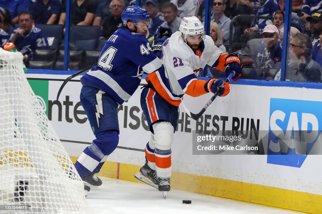 Jan Rutta Lightning Jan Rutta of the Tampa Bay Lightning checks Kyle Palmieri of the New ...